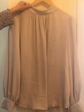 H&M Creamy Beige Mock Neck Blouse with Buttoned Cuffs